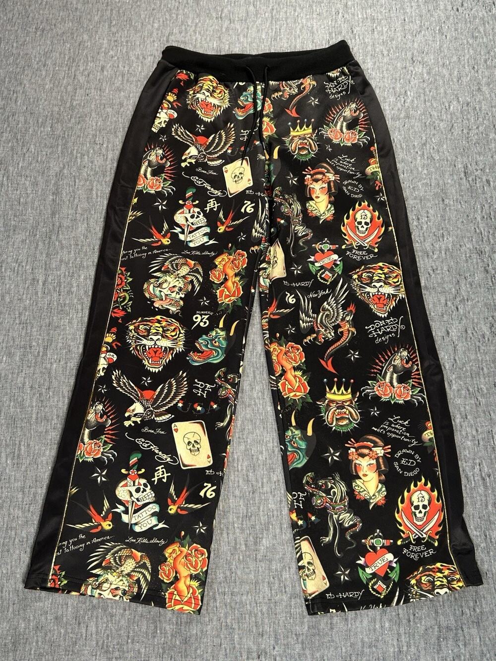 Ed Hardy Flashboard Track Pants Womens Small Black Stretch Embroidered Tattoo